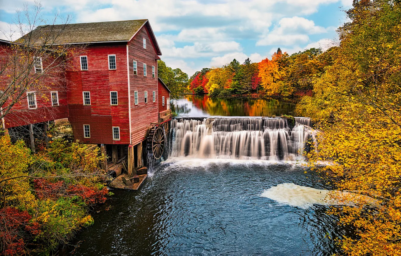 Photo wallpaper autumn, forest, river, USA, water mill, beginning, November, Wisconsin