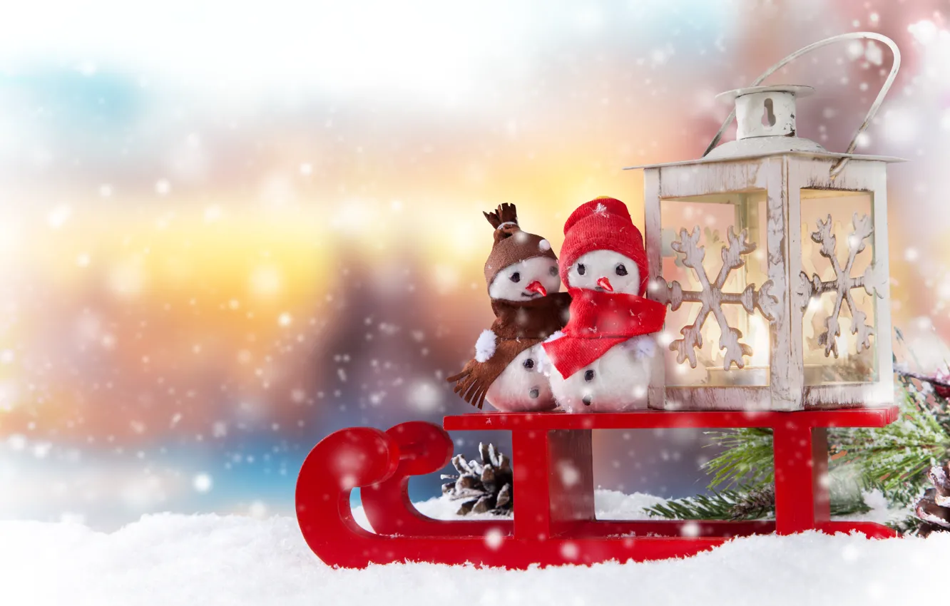 Photo wallpaper winter, snow, branches, holiday, new year, lights, snowman, sleigh