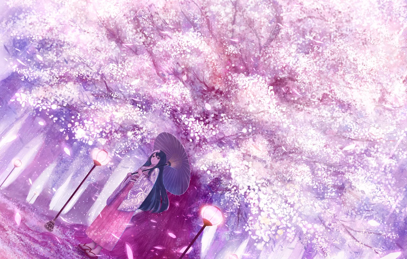 Photo wallpaper girl, umbrella, art, lights, cherry blossoms, bounin