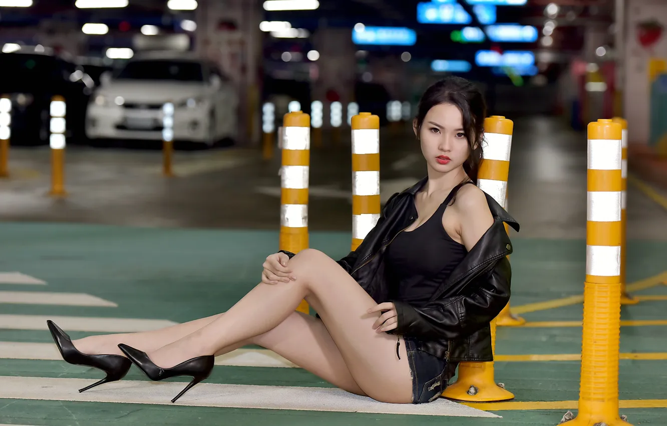 Photo wallpaper pose, model, brunette, legs, Asian, beauty, car, cutie