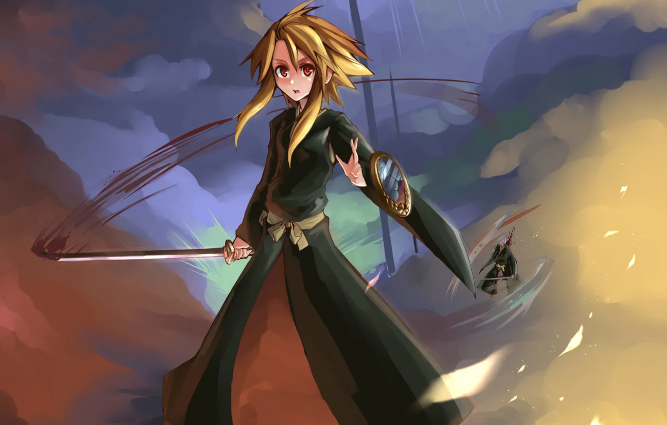 Photo wallpaper look, girl, weapons, victory, blood, sword, guy, the battle