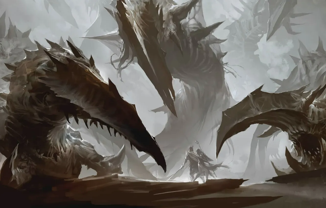 Photo wallpaper monster, sword, teeth, warrior, mouth, tentacles, MAG, staff