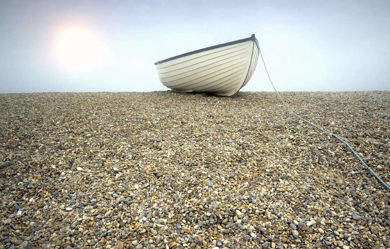 Photo wallpaper the sky, the sun, light, pebbles, stones, shore, boat, rope