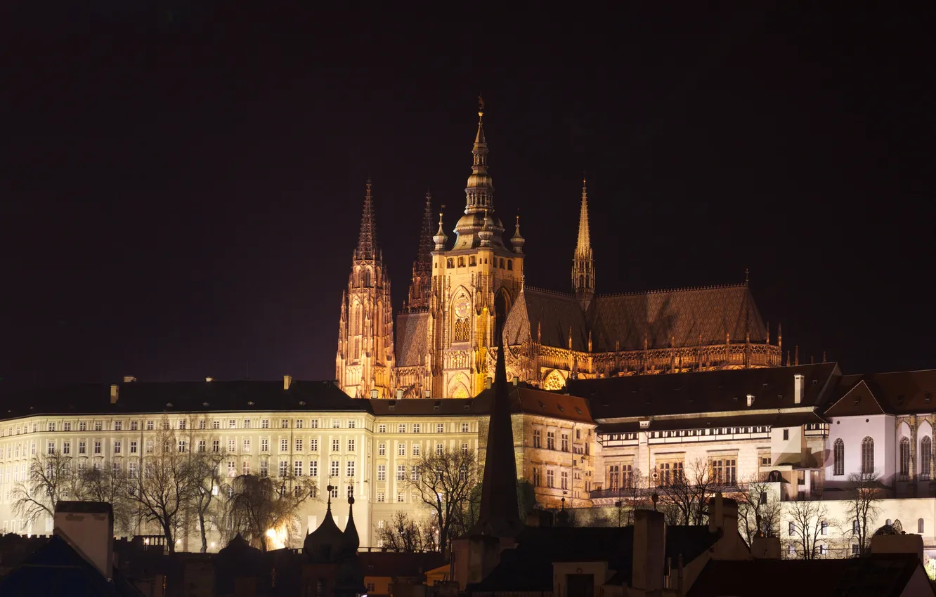 Photo wallpaper night, lights, Prague, Czech Republic, hill, St. Vitus Cathedral