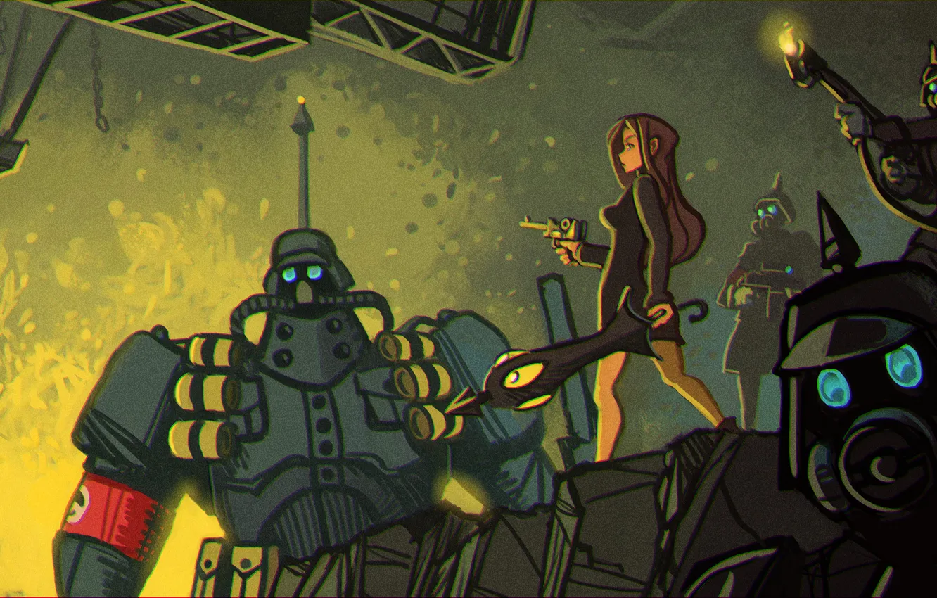 Photo wallpaper gun, soldiers, helmet, armor, art, flamethrower