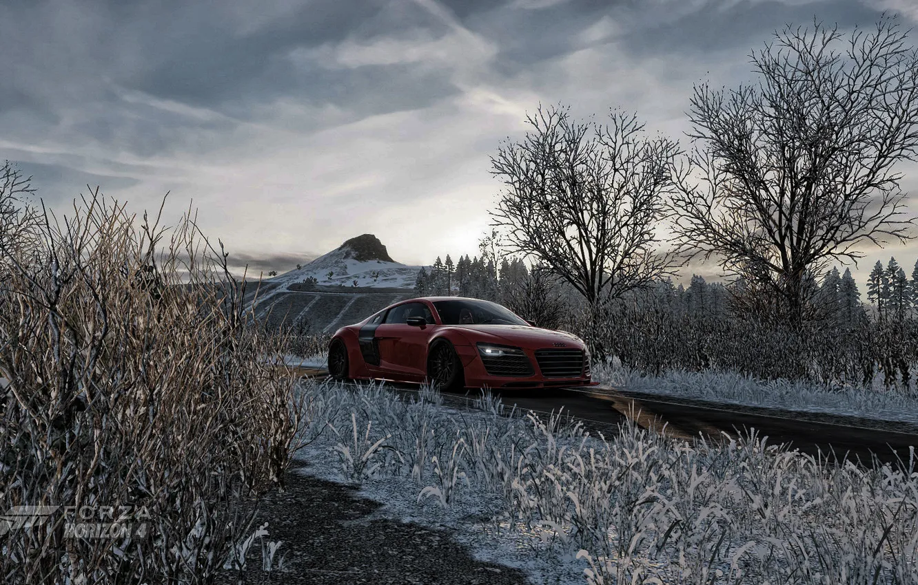 Photo wallpaper audi, red, road, trees, field, winter, mountain, racing