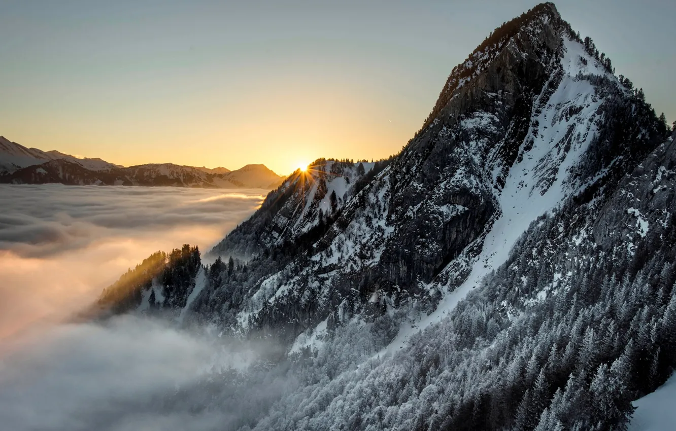 Photo wallpaper The sun, Clouds, Mountain, Forest, Rays, The slopes