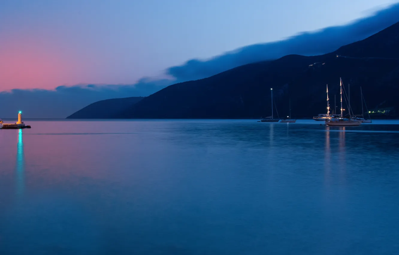 Photo wallpaper sea, sunset, mountains, lighthouse, yachts