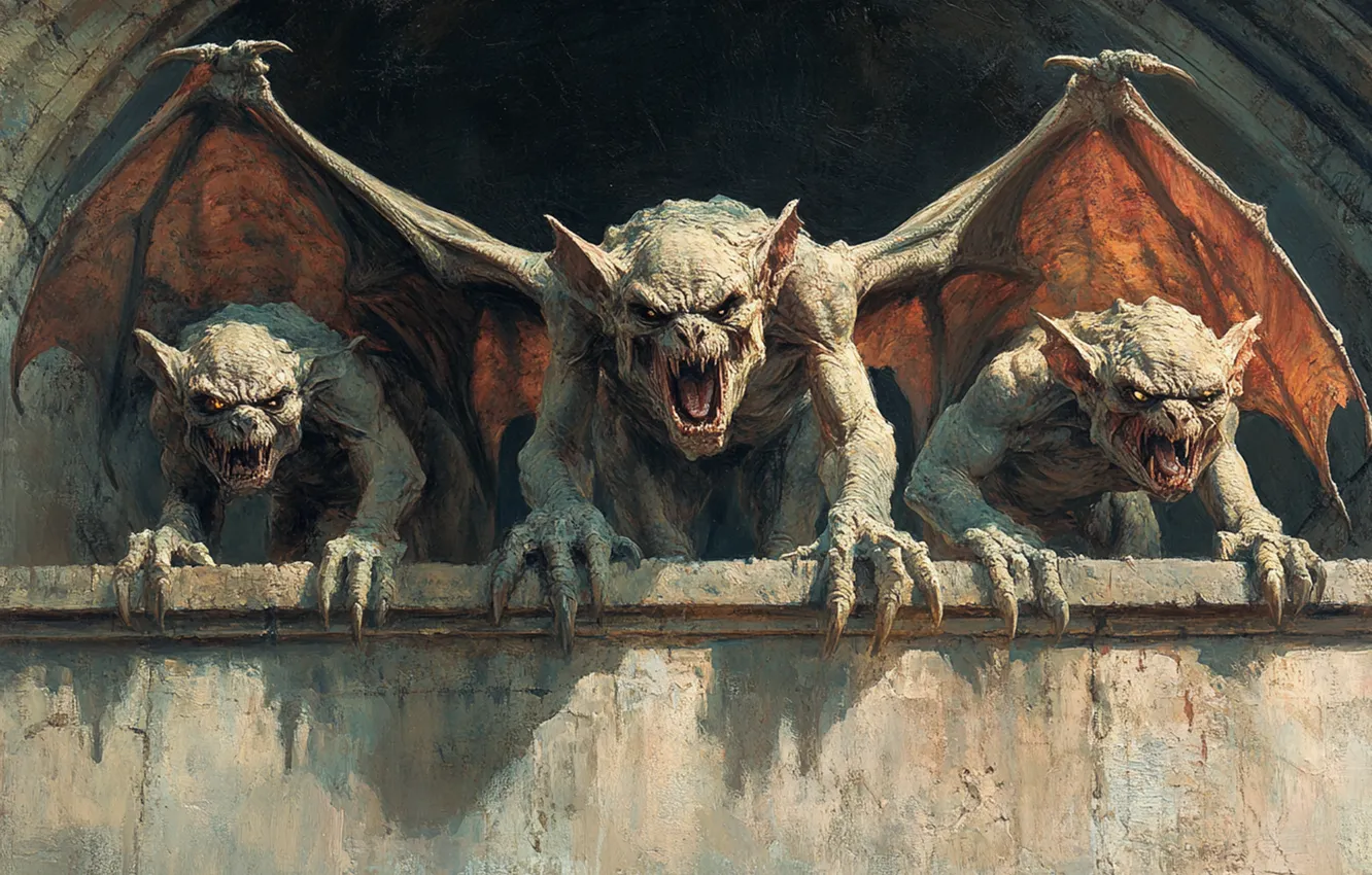 Photo wallpaper vampire, gargoyle, neural network, look, mythology, AI art, mouth, giant bats