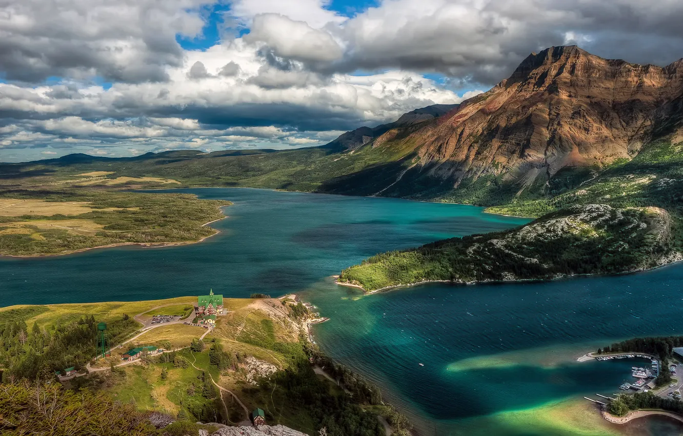 Photo wallpaper the sky, clouds, mountains, lake, home, Canada, Albert