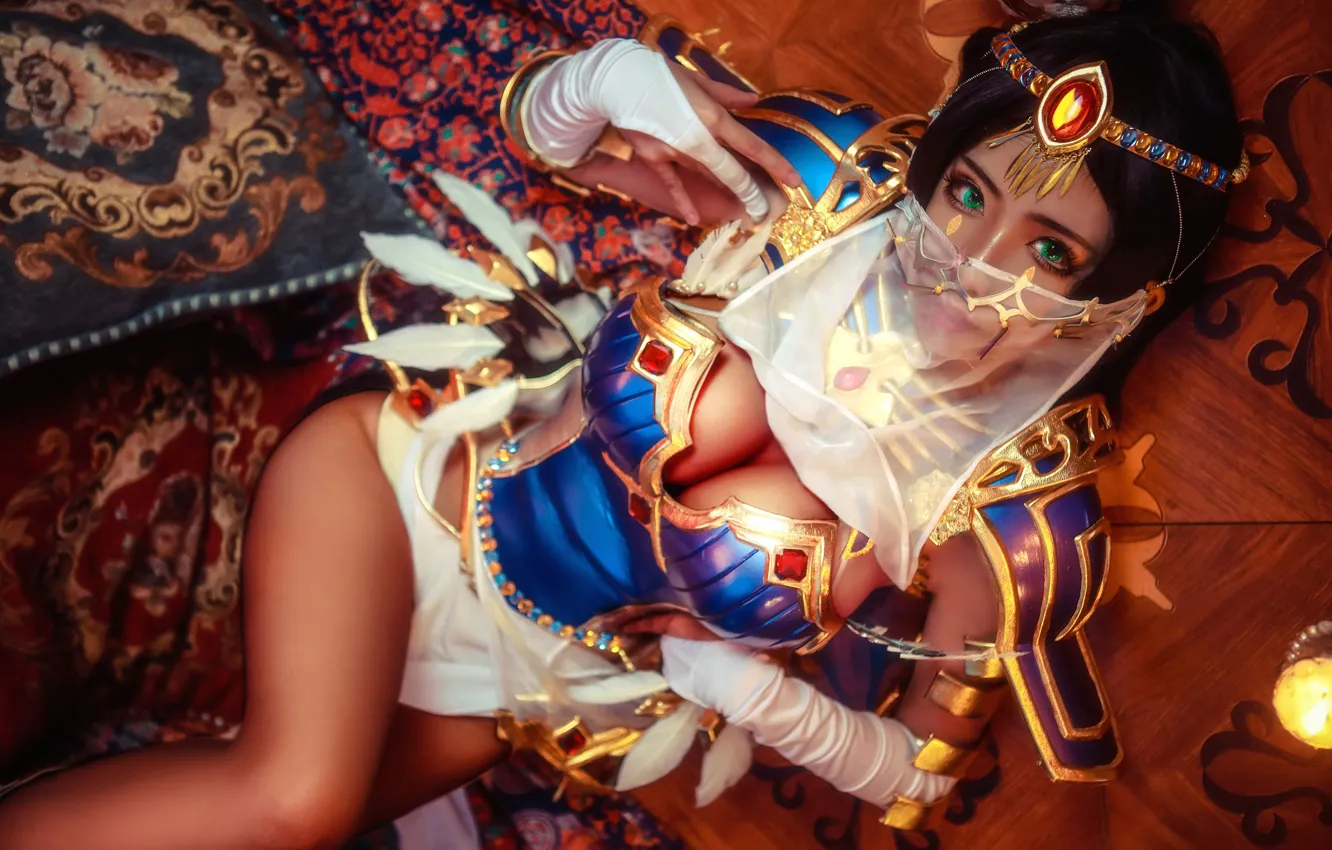 Photo wallpaper look, girl, neckline, girl, Asian, big Breasts, green eyes, cosplay