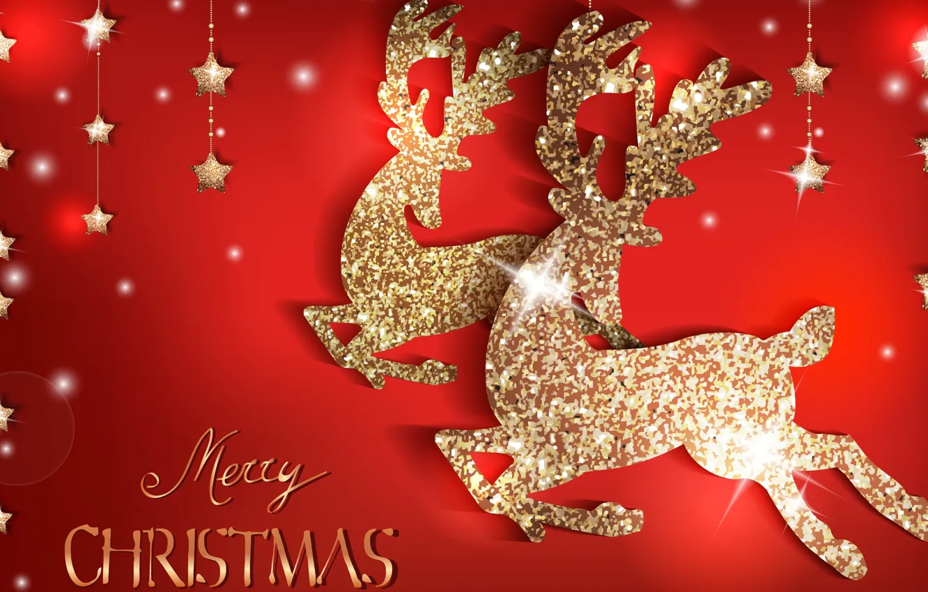 Photo wallpaper holiday, Shine, New year, red, golden, deer, merry christmas, decor