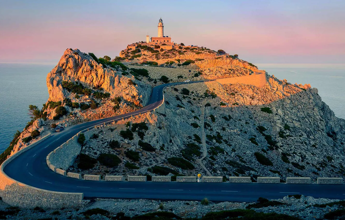 Photo wallpaper road, rocks, lighthouse, Spain, Mallorca, Cape Formentor