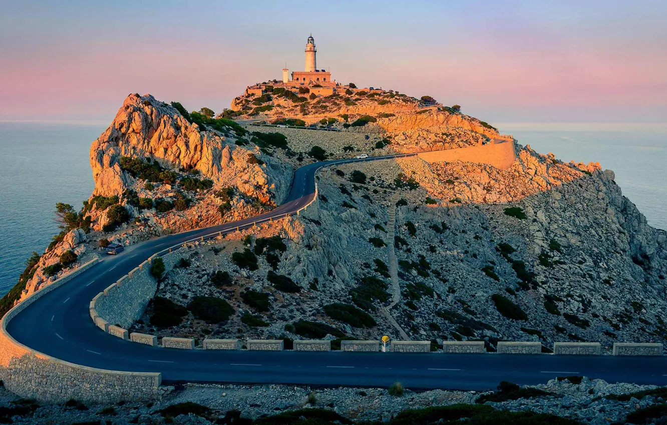 Photo wallpaper road, rock, lighthouse, Spain, Mallorca, Cape Formentor
