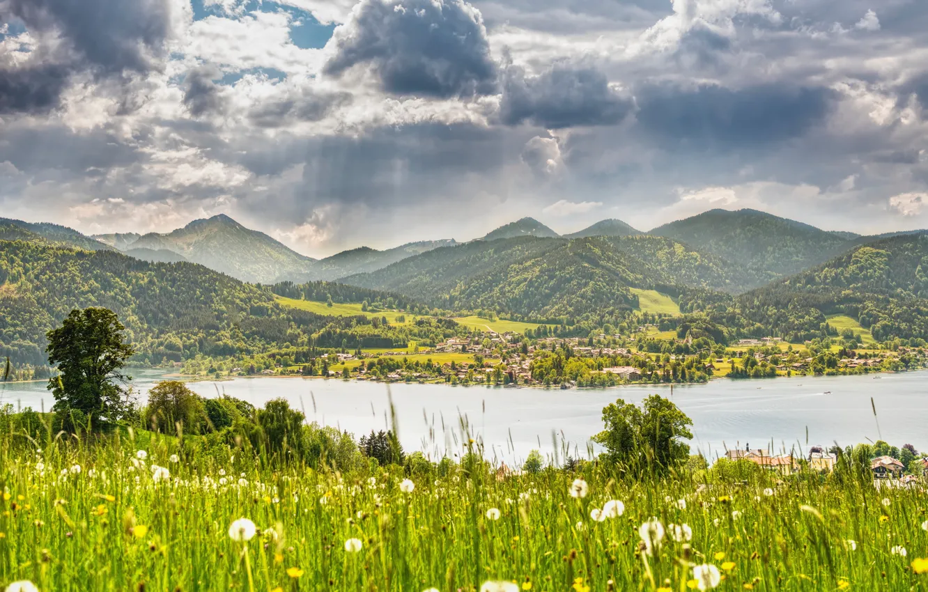 Photo wallpaper The sky, Nature, Clouds, Mountains, River, Germany, Plants, Nature
