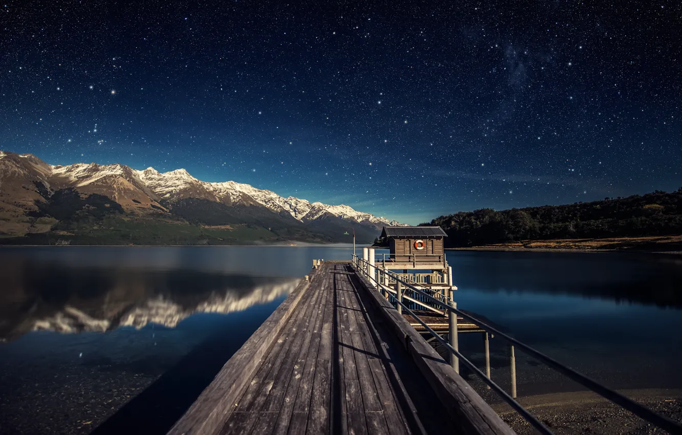 Photo wallpaper the sky, stars, mountains, lake, New Zealand, Lake Wakatipu, South Island, inland lake