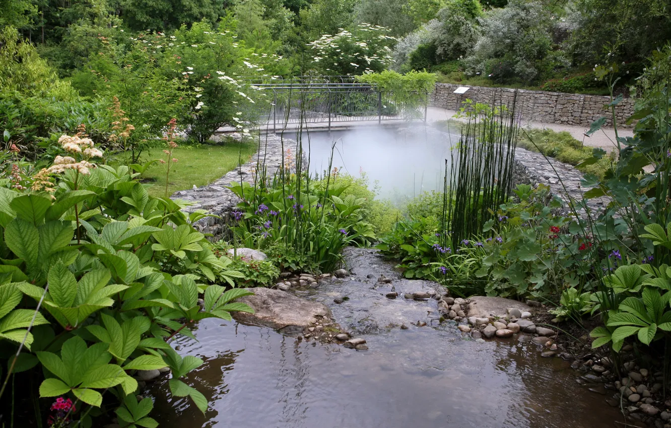 Photo wallpaper grass, trees, flowers, squirt, the bridge, the bushes, desks