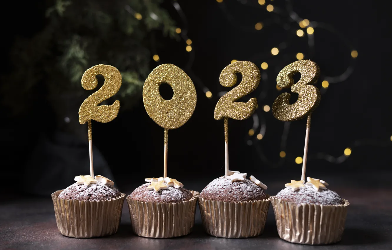 Photo wallpaper the dark background, table, holiday, new year, sticks, lights, figures, gold