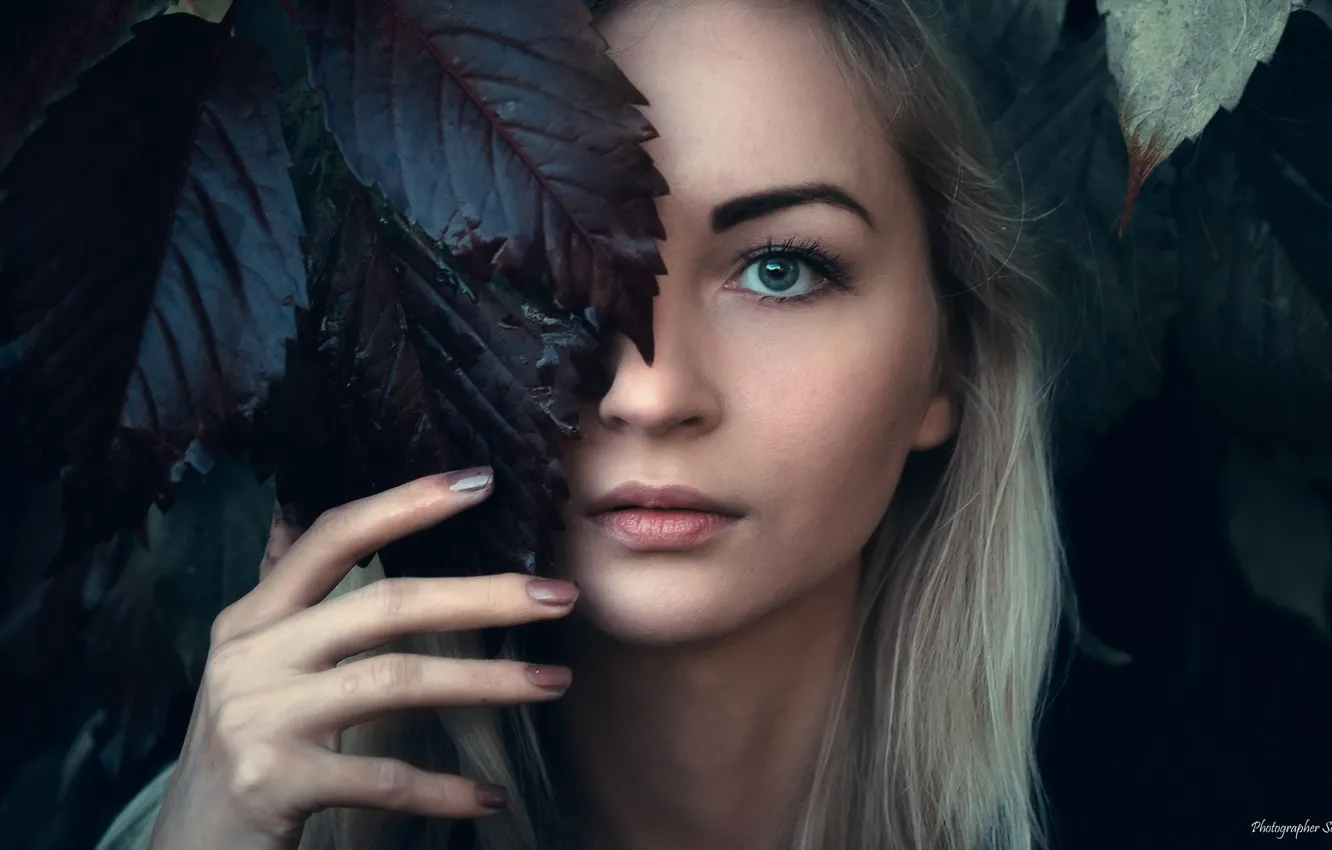 Photo wallpaper look, leaves, close-up, face, pose, model, portrait, hands
