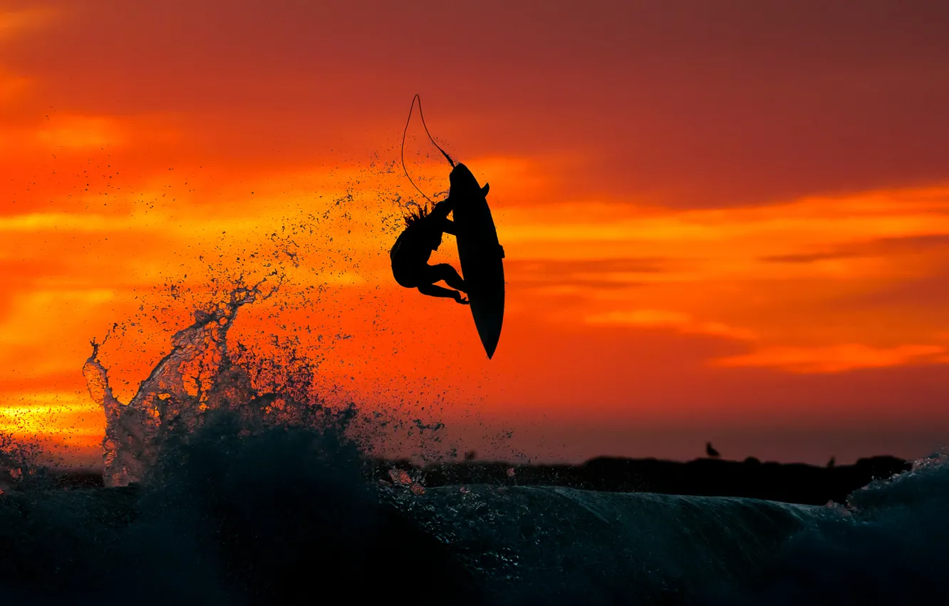 Photo wallpaper sea, sunset, jump, water, surfing