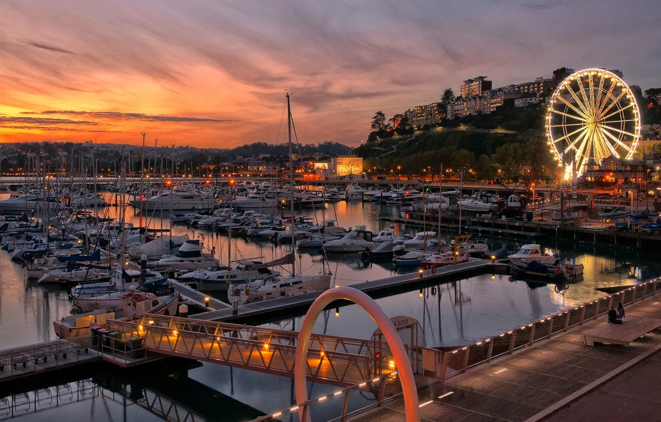 Photo wallpaper lights, England, home, boats, Ferris wheel, harbour, Torquay