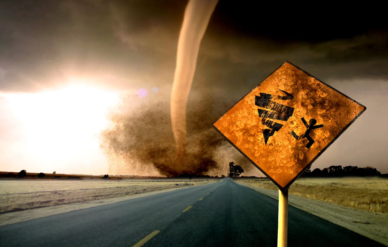 Photo wallpaper road, overcast, danger, sign, warning, track, storm, index