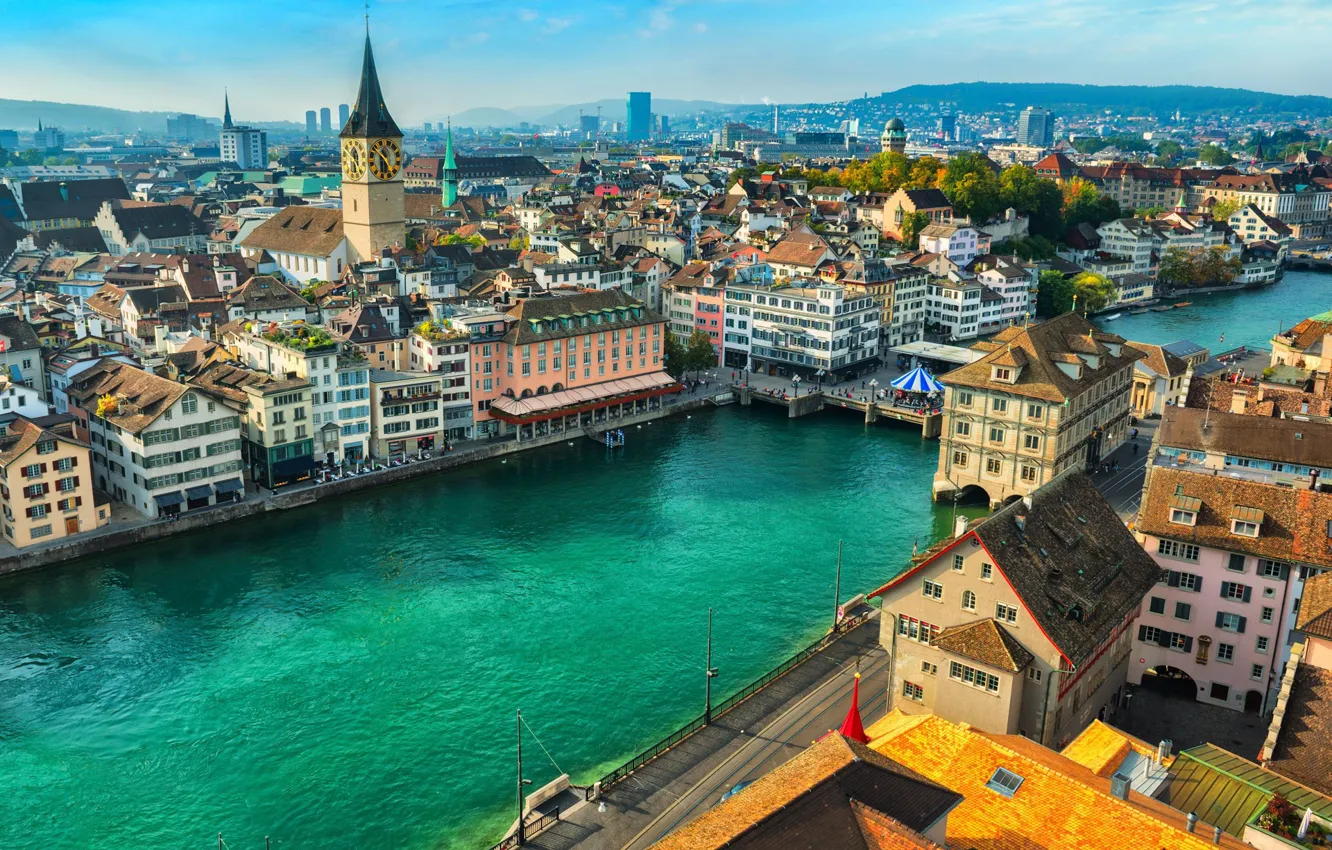 Photo wallpaper river, home, Switzerland, Zurich