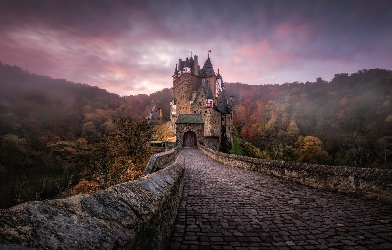 Photo wallpaper autumn, forest, clouds, bridge, castle, Germany, bridge, stone