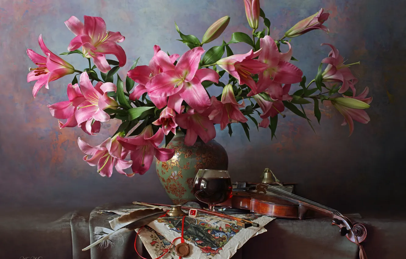 Photo wallpaper flowers, style, background, pen, violin, Lily, vase, still life