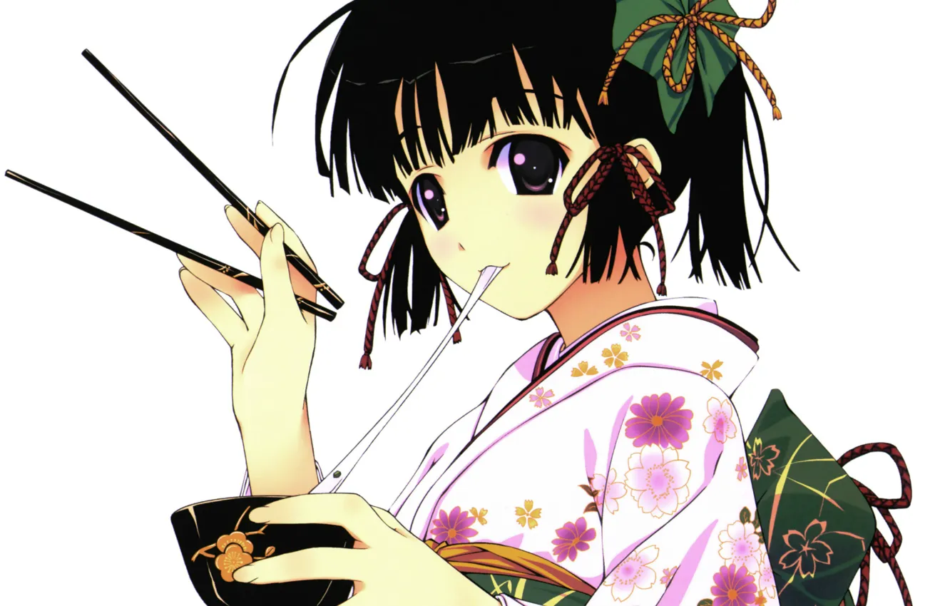 Photo wallpaper sticks, white background, kimono, long hair, art, bowl, visual novel, murakami suigun