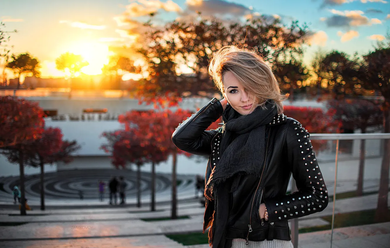 Photo wallpaper autumn, look, girl, sunset, scarf, jacket, blonde, bangs