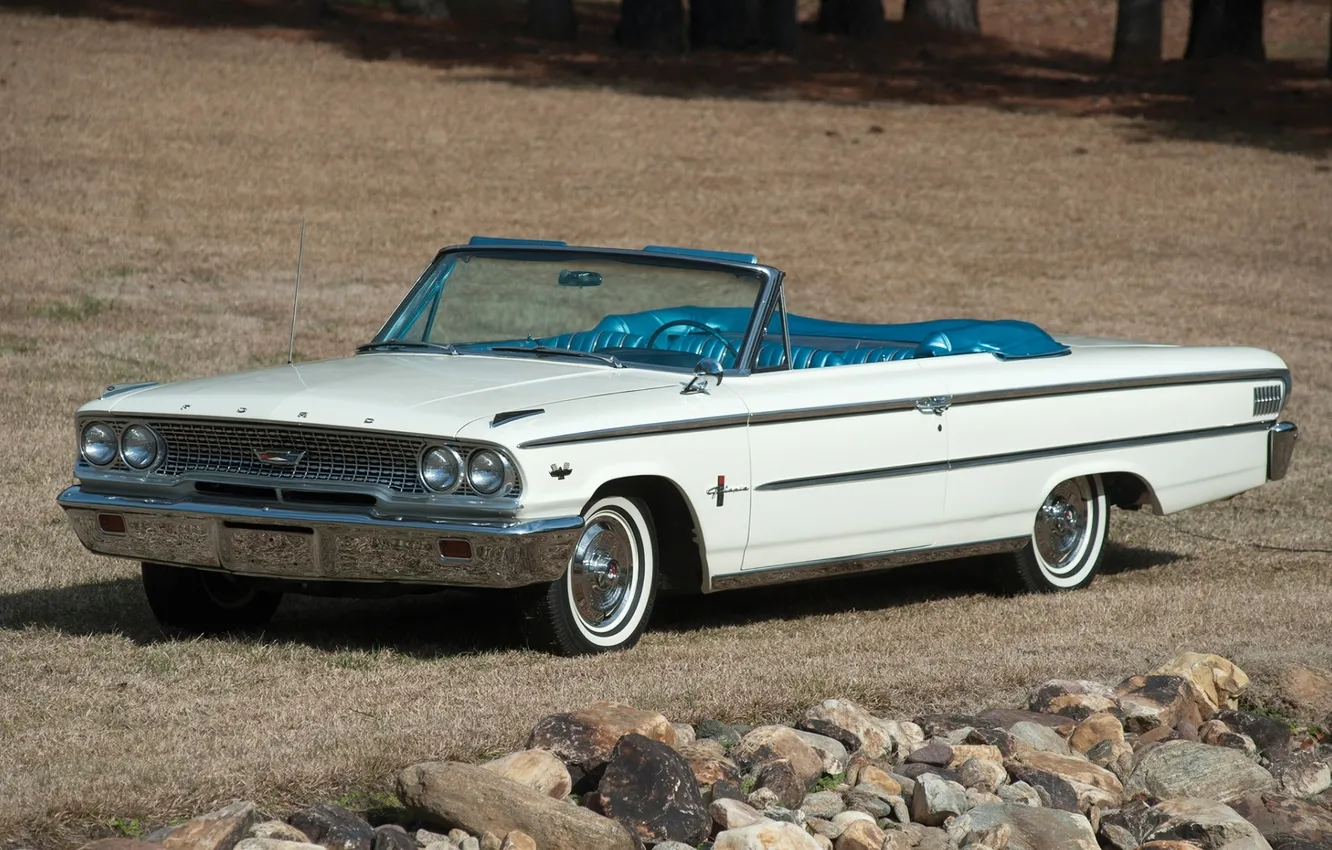 Photo wallpaper field, white, stones, background, Ford, Galaxie, convertible, classic