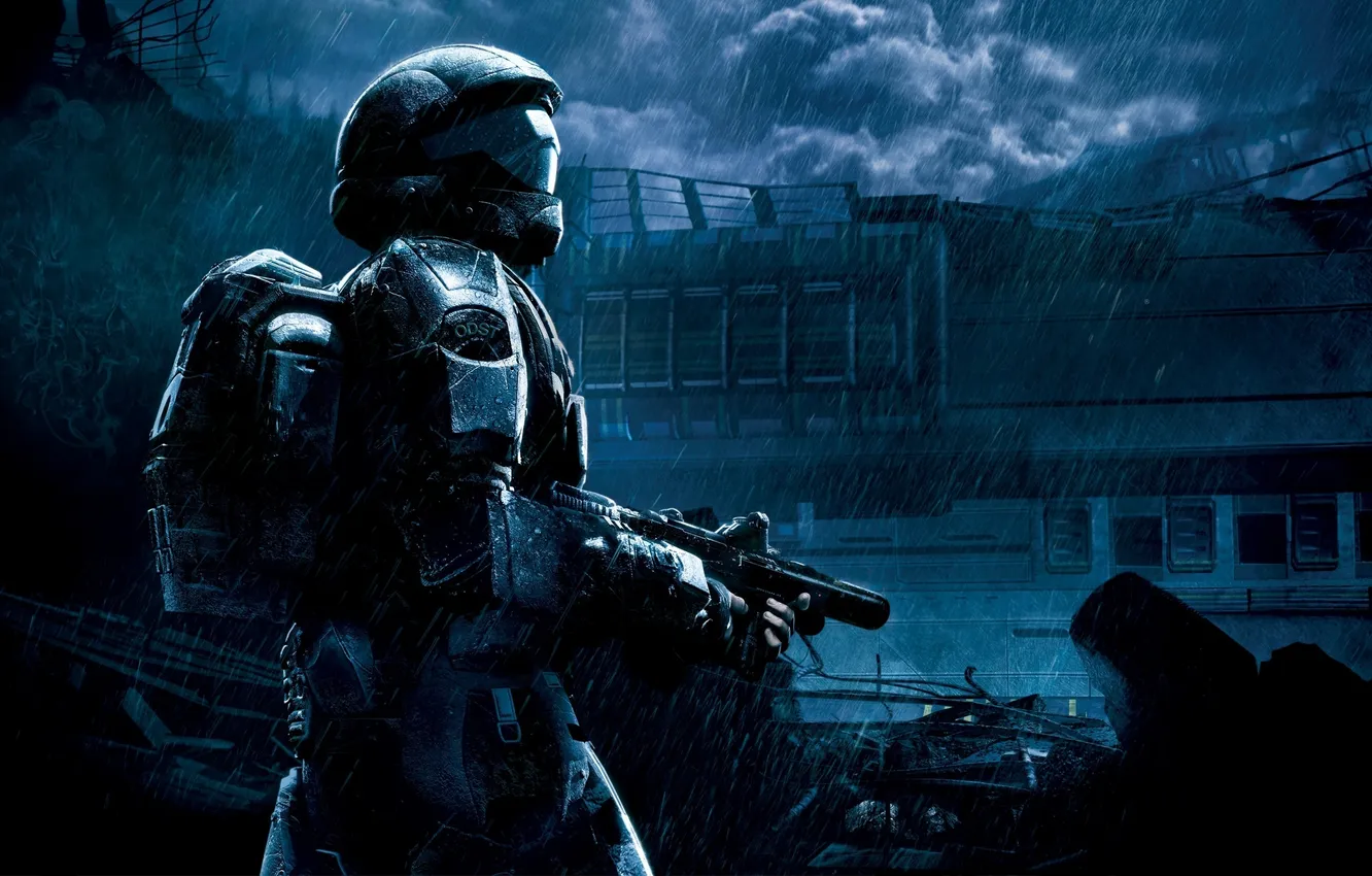 Photo wallpaper weapons, rain, soldiers, Halo