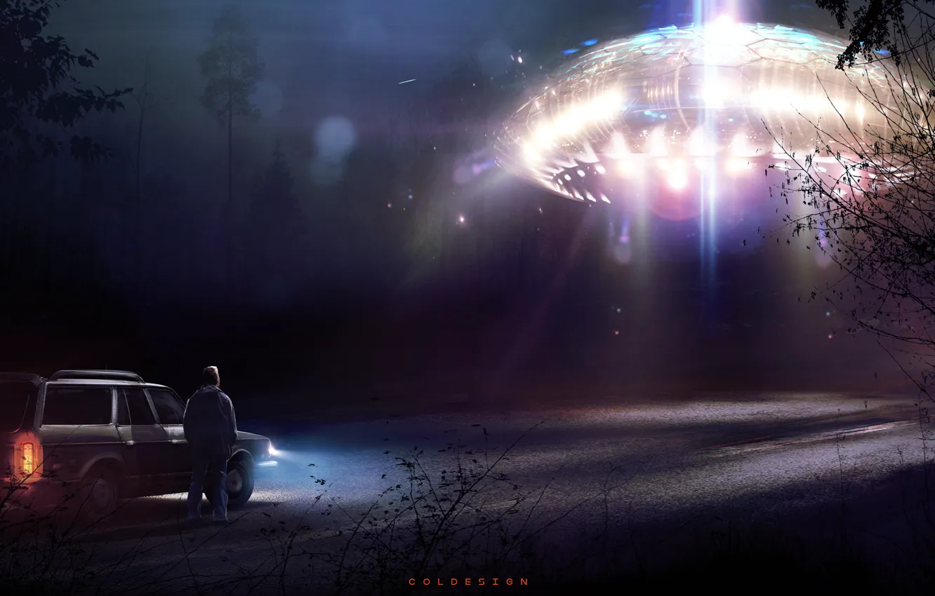 Photo wallpaper forest, night, fiction, people, UFO, art, fantasy, science fiction