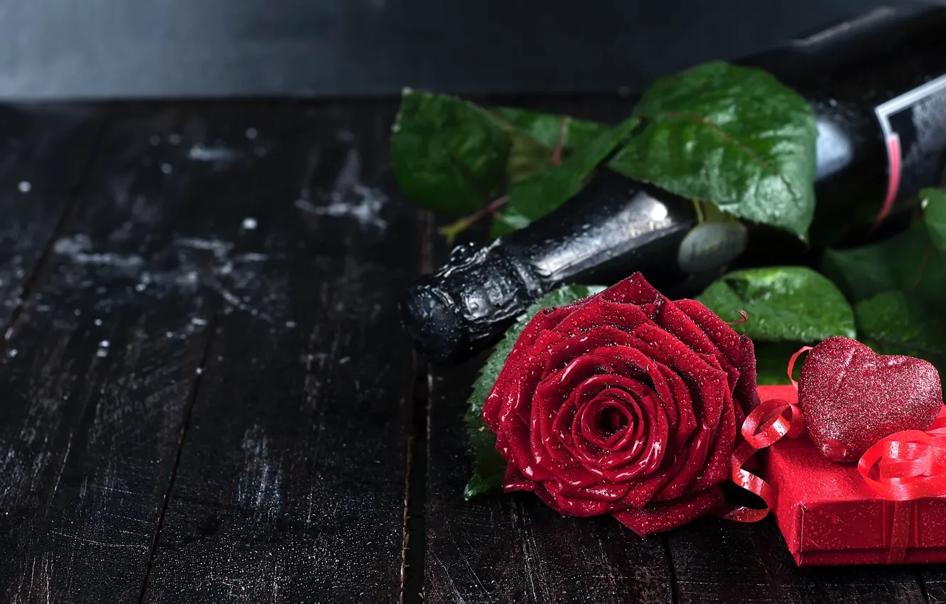 Photo wallpaper flower, gift, heart, rose, bottle, champagne, Valentine's Day