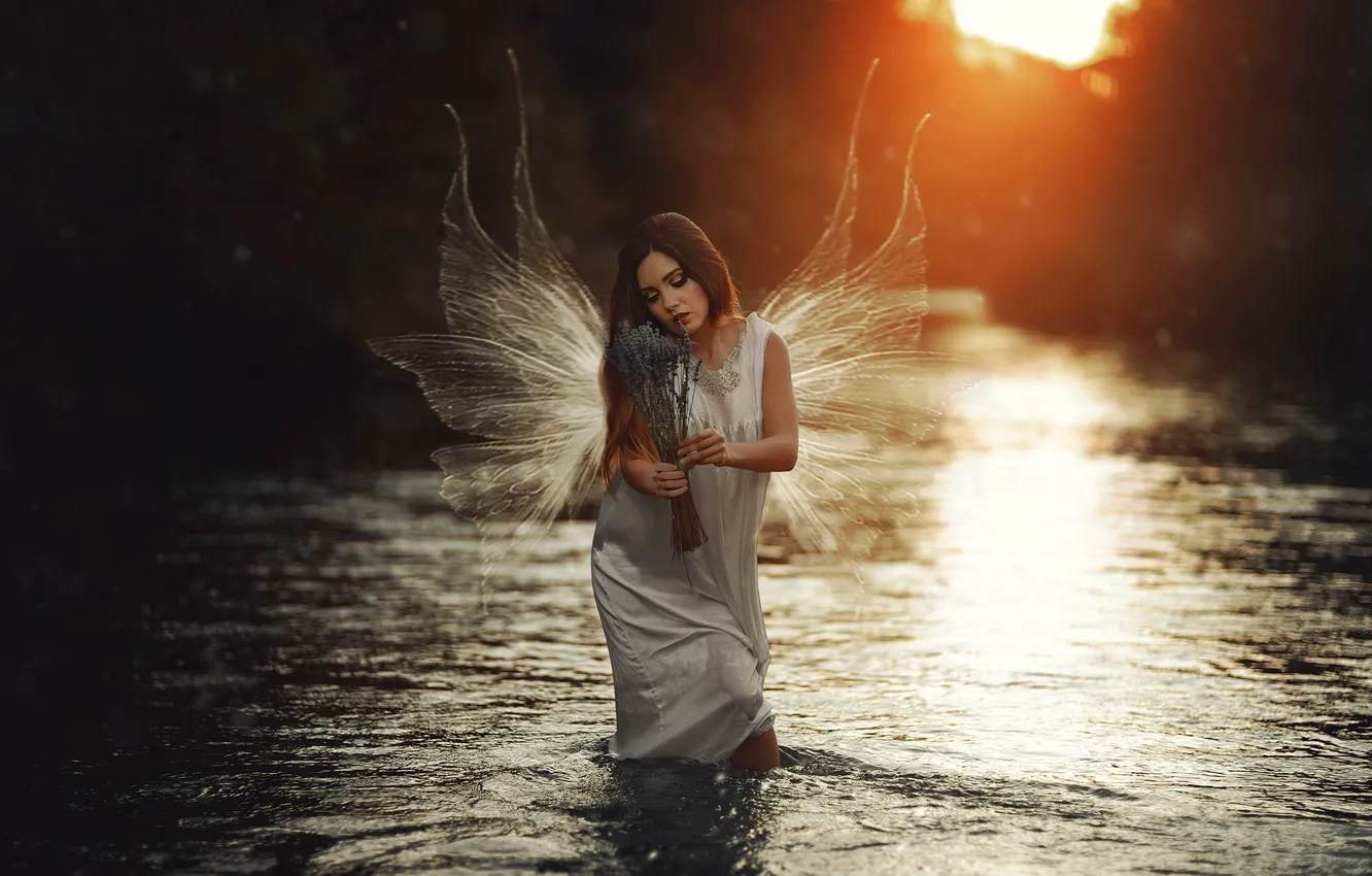Photo wallpaper girl, river, angel