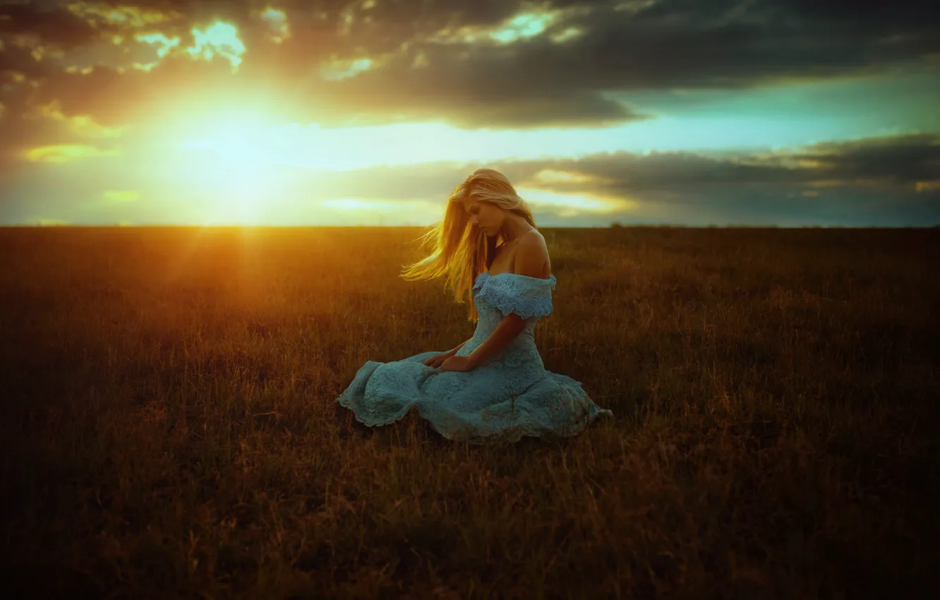 Photo wallpaper field, the sky, grass, mood, dawn, dal, dress, horizon
