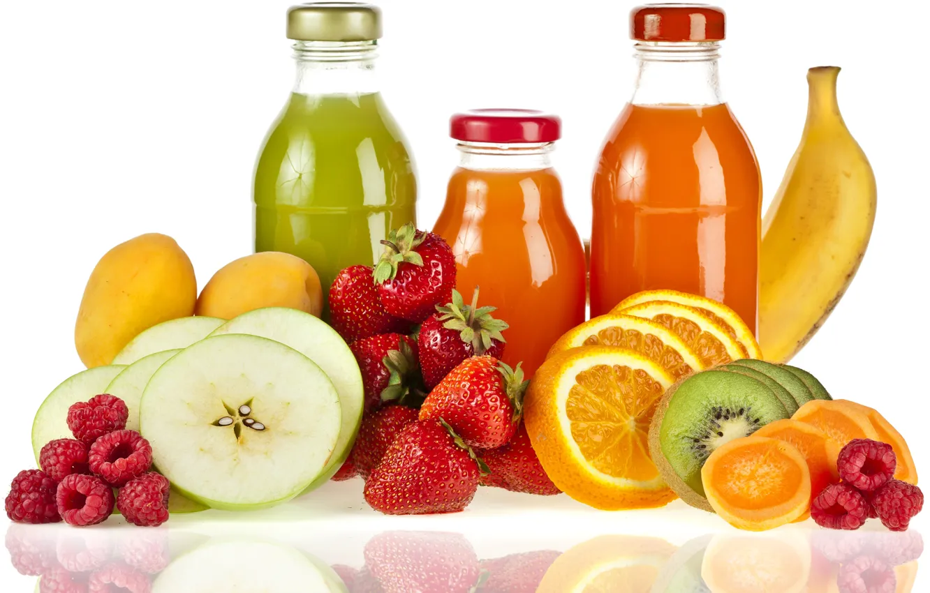 Photo wallpaper reflection, berries, raspberry, apples, bottle, orange, kiwi, strawberry