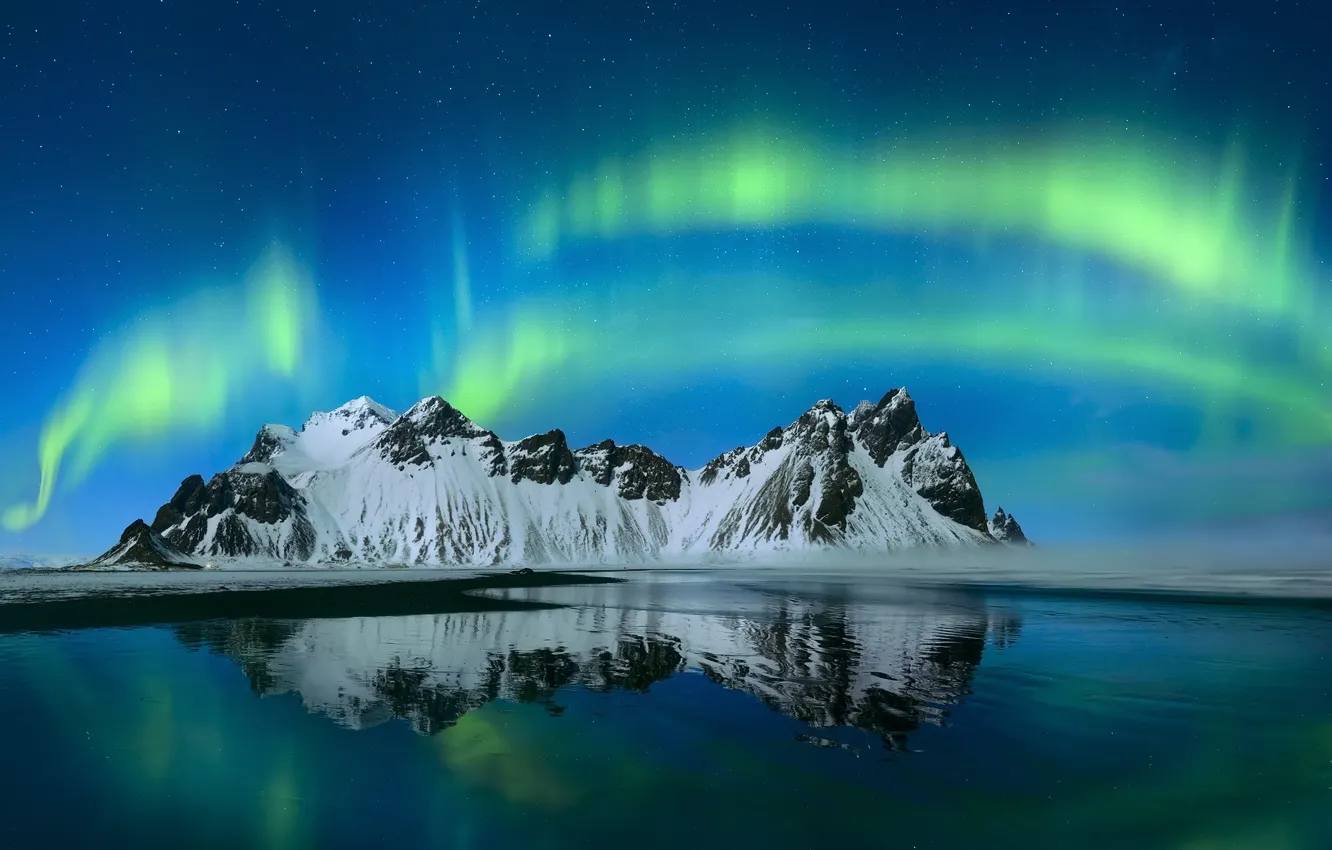 Photo wallpaper the sky, mountains, night, Northern lights, Iceland, Have stoknes