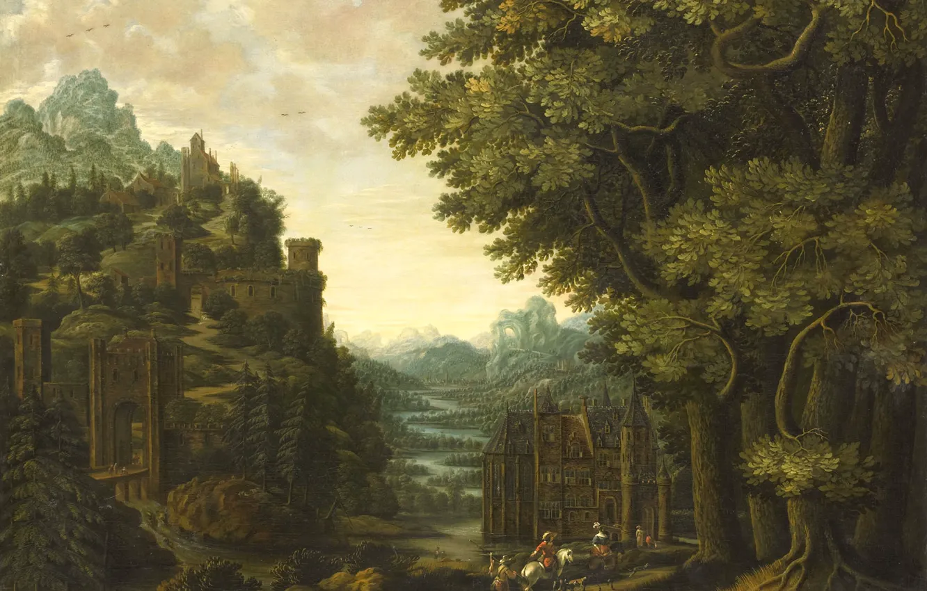 Photo wallpaper oil, picture, canvas, Mountain Landscape with River and Castle, Jan Meerhout