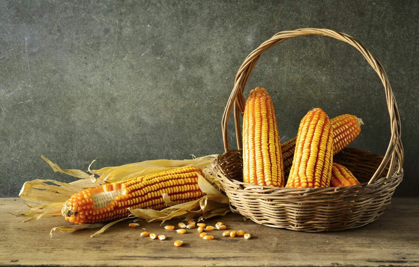Photo wallpaper basket, corn, still life