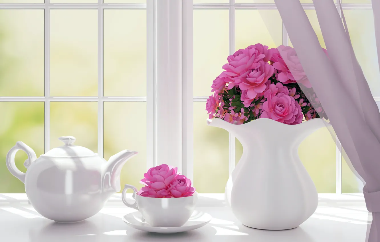 Photo wallpaper flowers, roses, kettle, window, vase