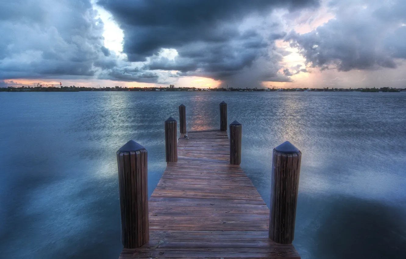Photo wallpaper clouds, lake, pier