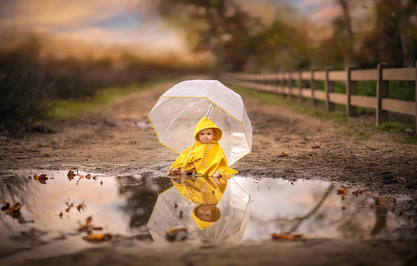Photo wallpaper rain, umbrella, puddle, child