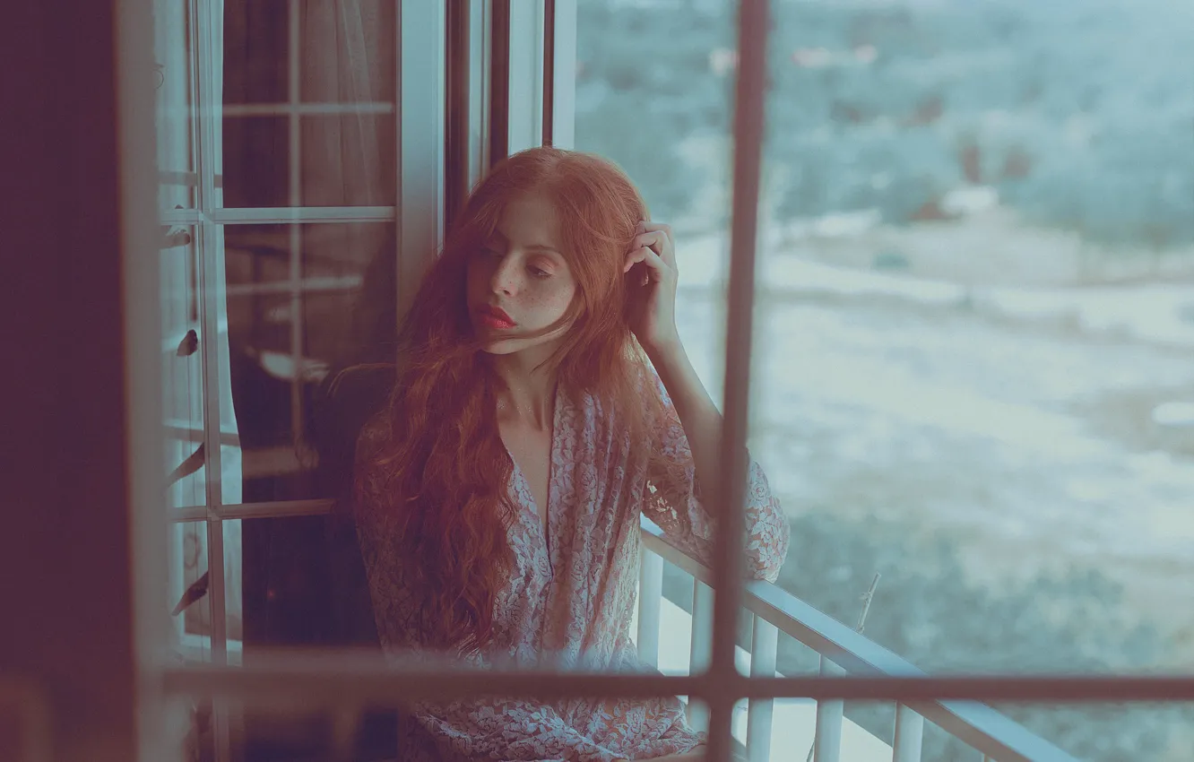 Photo wallpaper mood, window, red, redhead, long hair