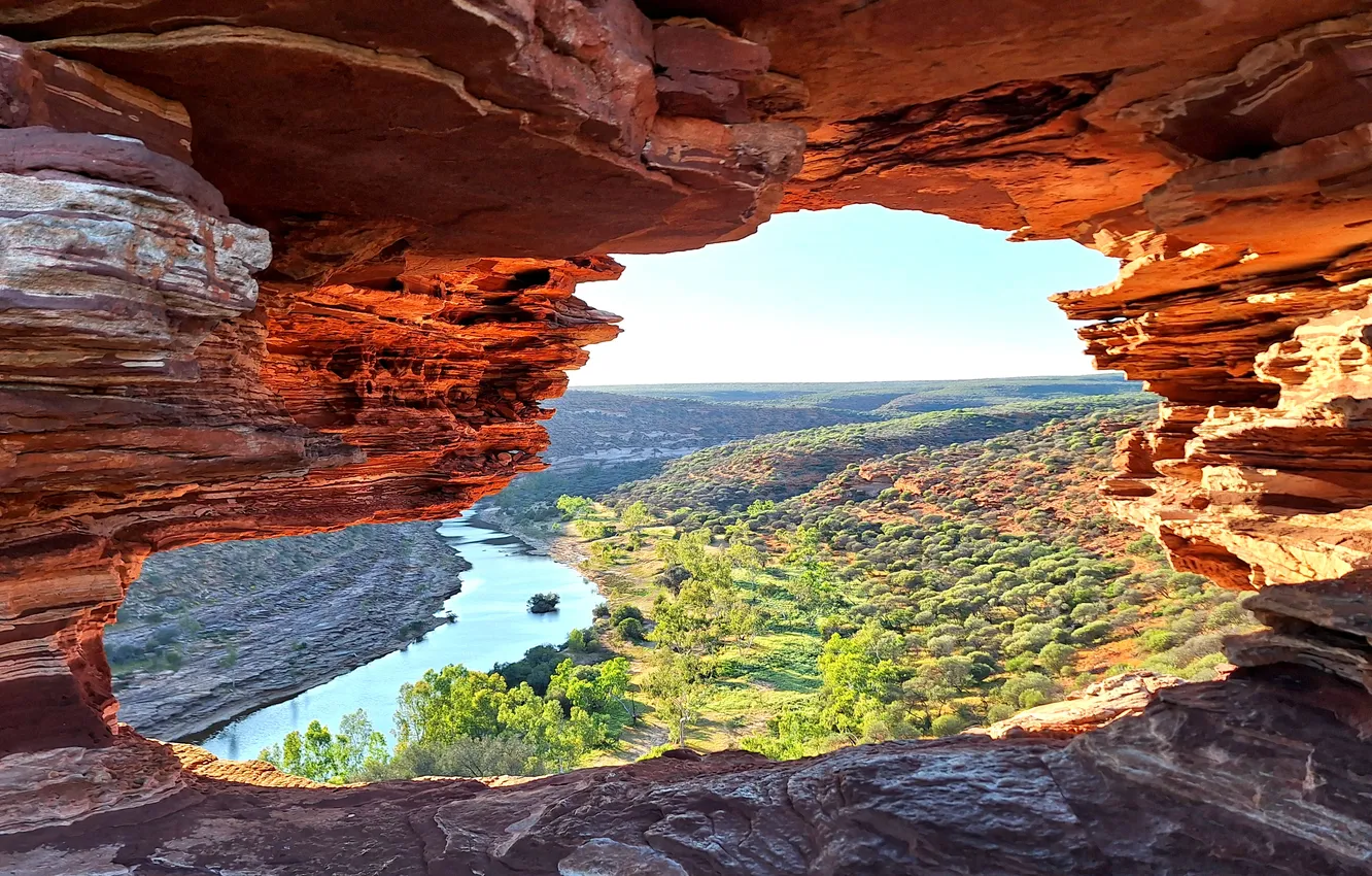 Photo wallpaper river, rocks, arch