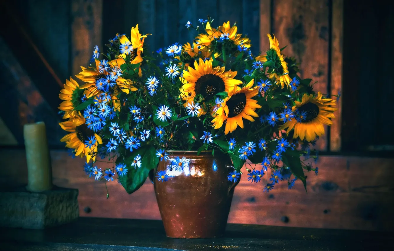 Photo wallpaper flowers, sunflower, bouquet, vase