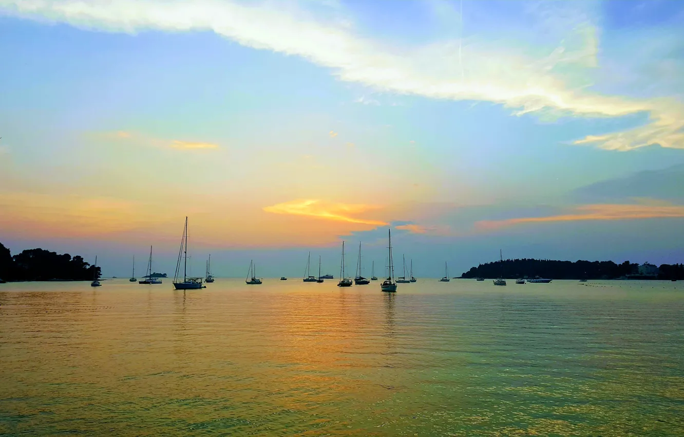 Photo wallpaper sea, coast, Bay, the evening, yacht, Croatia