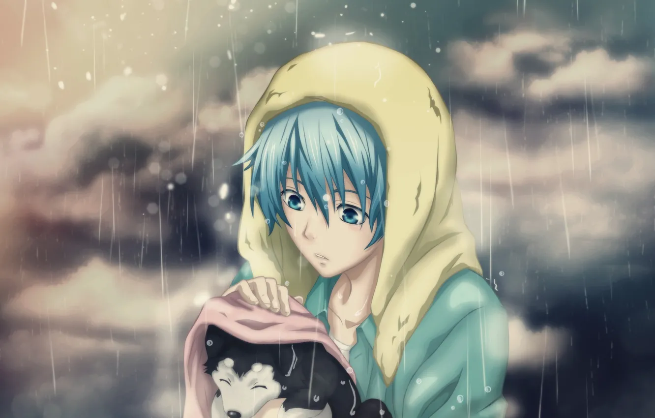 Photo wallpaper sadness, rain, mood, dog, anime, puppy, guy, care