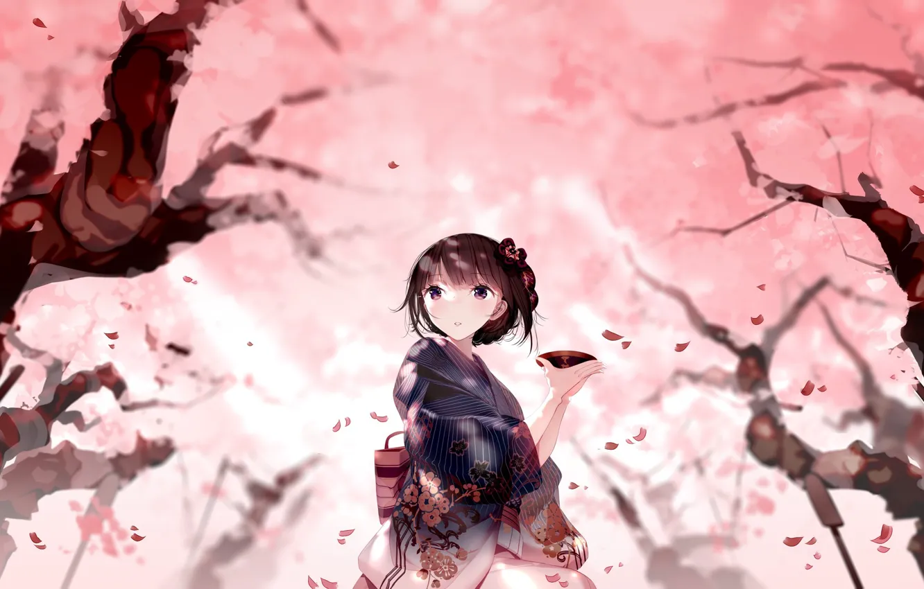 Photo wallpaper Girl, Sakura, Garden, Saucer, atha, Bowl